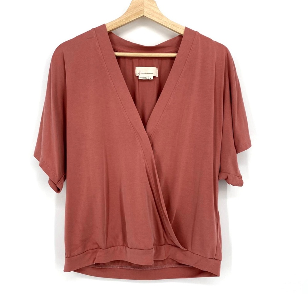 By Anthropologie Pink Short Sleeve V-Neck Wrap Style Casual Top M